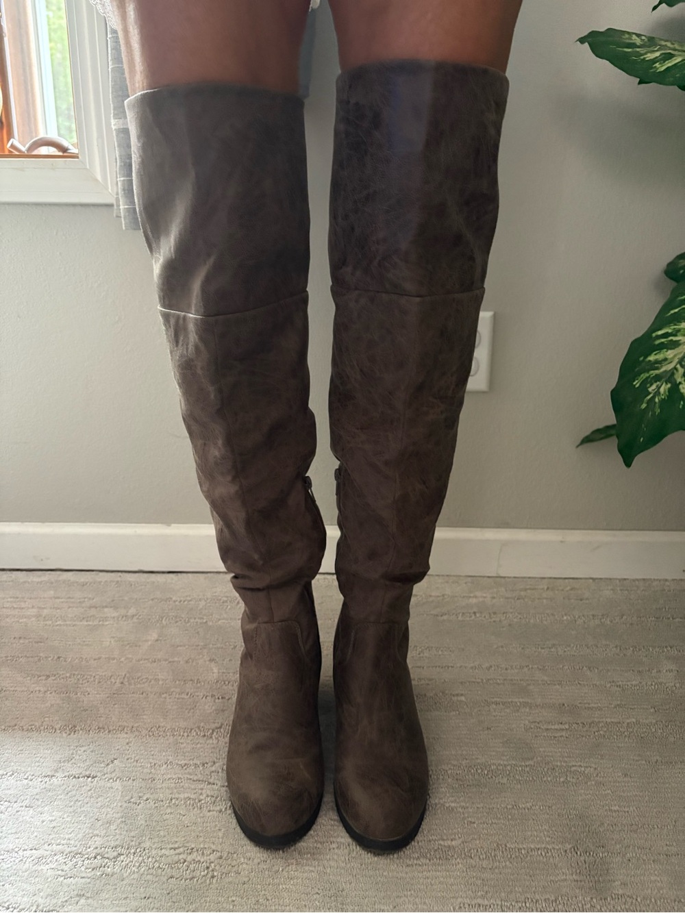 JustFab Norra Taupe Faux Suede OTK Boots 9 Boho Whimsigoth Indie